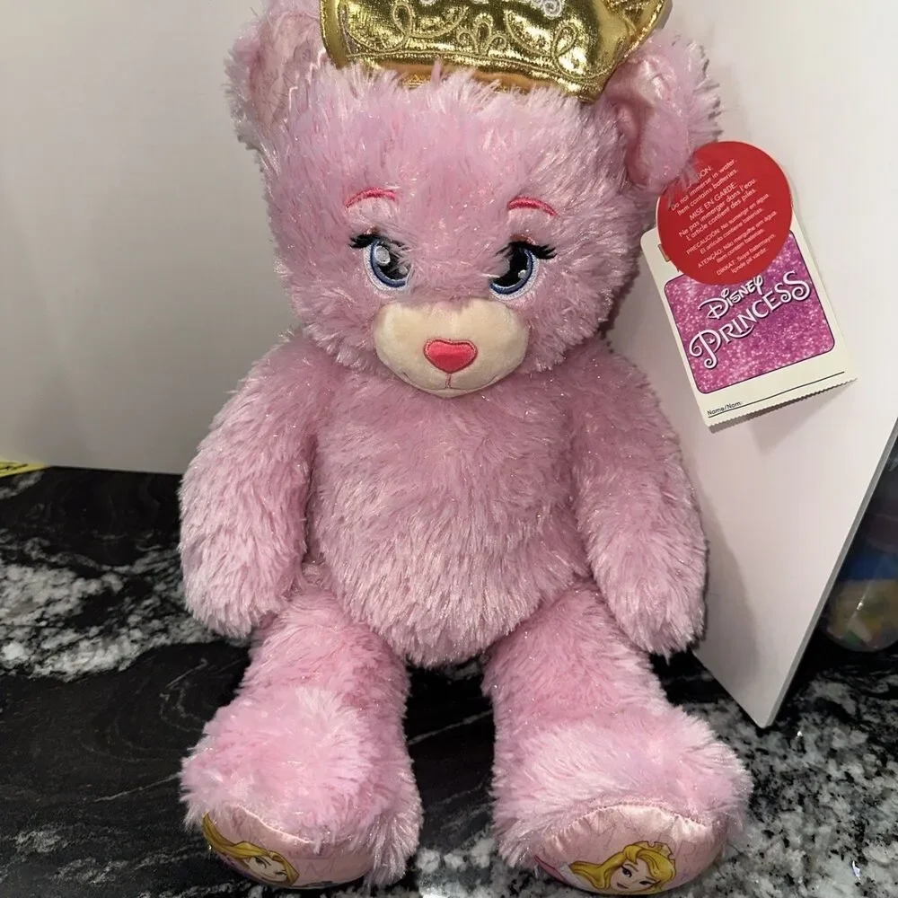 NWT Build a Bear Disney Princess Sparkle Pink Bear w/Crown Plush Stuffed Animal
